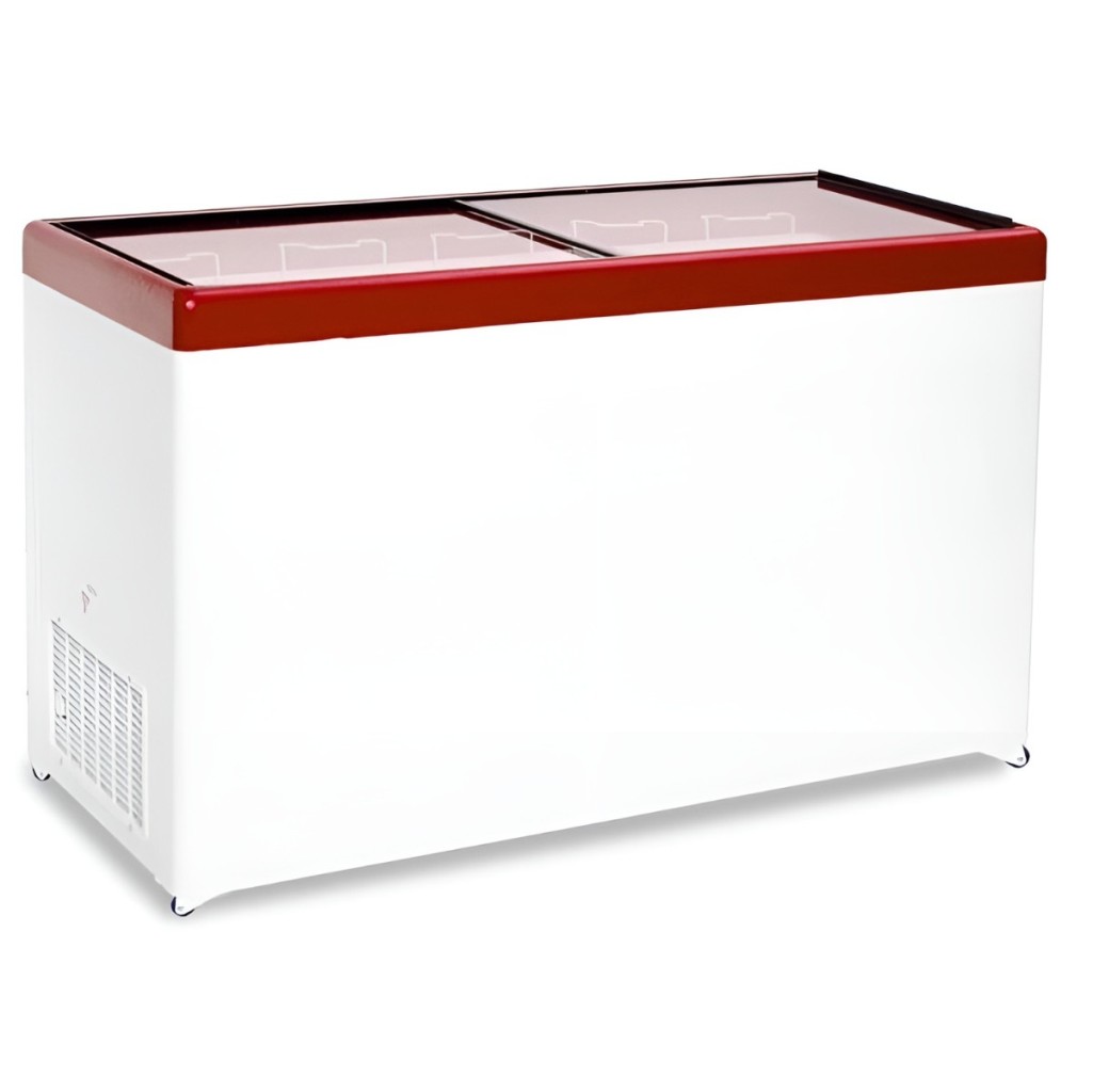 Ларь морозильный с прямым стеклом CRYSPI ЛВН 600 П (СF 600 FQ) красный 7 корзин